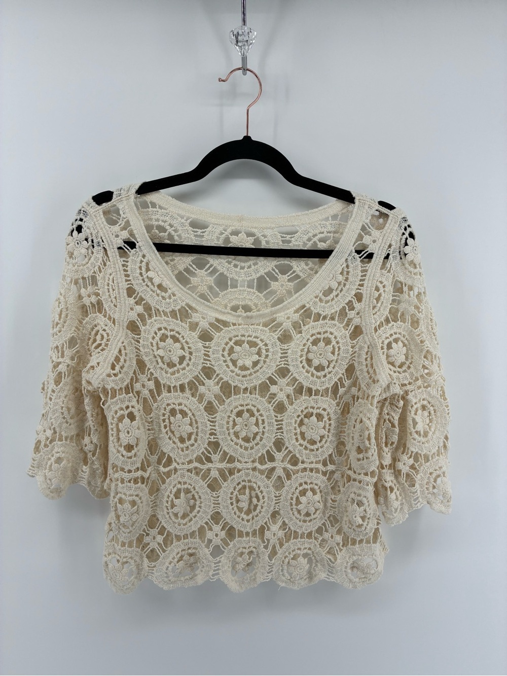 Crochet Lace Scoop Neck Women’s Top in Cream